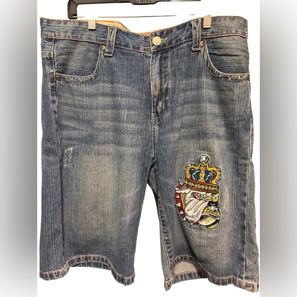 ED HARDY men’s size 38 bulldog denim‎ shorts - Picture 1 of 5